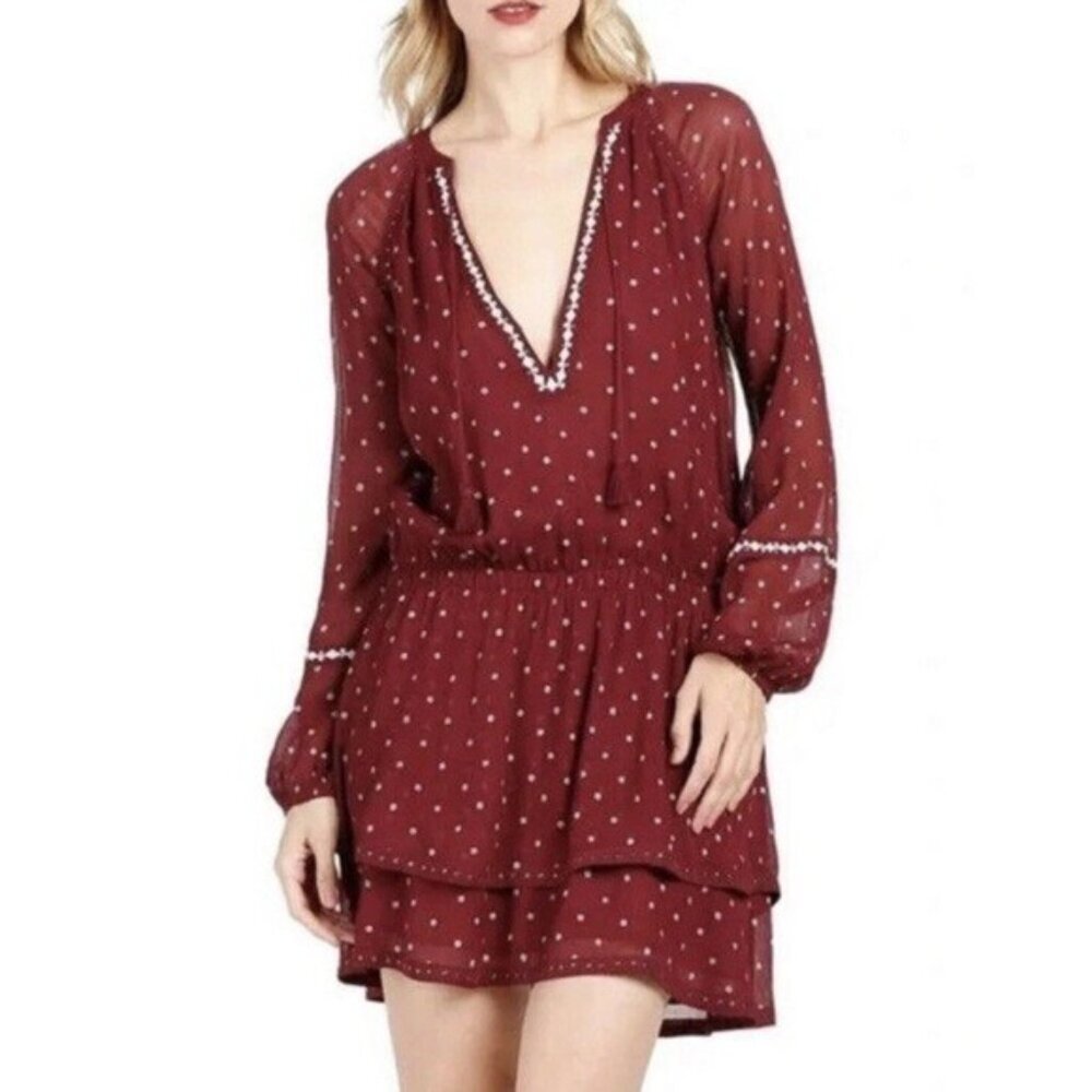 PAIGE Shanti Mini Dress SMALL Tiered Ruffle LS Maroon White Medallion Print